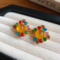 Vintage resin drop earrings with oval amber center stone and colorful rhinestones - Gold Multi-color Vintage Style