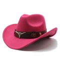 Macro detail of rose red cowboy hat with brown band and silver bull head metal emblem - M (56-58cm) / Rose Red