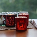 Frosted red glass Christmas candle holder with reindeer and Merry Christmas cutout - Red Christmas Tree Elk