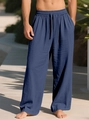Close-up of navy blue linen pants showing drawstring waist and natural fabric texture - S / Navy Blue