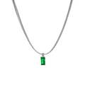 Silver snake chain necklace with rectangular emerald green gemstone in four-prong setting - White Gold with Green Stone