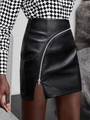 Gonna aderente in pelle PU nera alla moda con cerniera diagonale e dettaglio a spacco - S / Nero
