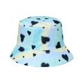Women's tie-dye bucket hat with black heart patterns in blue and yellow pastel colors - Blue Yellow White Tie-Dye Heart (T)