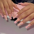 Uñas postizas largas tipo bailarina rosa con líneas blancas onduladas y purpurina plateada - Estilo Ataúd Onda Rosa (Tipo Pegamento) (SGCY-96)