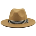 Detail of camel wool fedora hat featuring a stylish tricolor striped woven band decor - M (56-58cm) / Camel