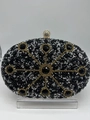 Elegant black oval evening clutch with silver rhinestones and gold metal frame - Black Style B