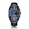 Men's tonneau mechanical watch with blue dial, skeleton flywheel, and black leather strap - Black Strap Black Case Black Dial