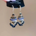 Detail view of Bohemian rhinestone fan earrings with black water drop bead tassels - 44# Ear Hook Gold Bohemian Rhombus Tassel Style