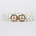 Elegant triple-row pearl elastic waist chain with gold flower rhinestone buckle - Gold Double Flower Buckle