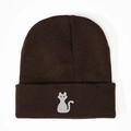 Coffee brown ribbed knit beanie with grey cat silhouette embroidery for winter warmth - Coffee