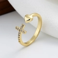 Gold open ring with polished heart and sparkling moissanite cross in a geometric design - Adjustable Open / Gold