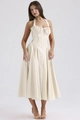 Detail of the halter neckline and corset waist on a floral print beige summer dress - Apricot