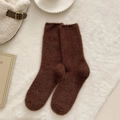 Deep brown thick coral fleece socks in plush mink-like fabric for winter home warmth - One Size / Brown