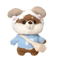 Cute Shiba Inu plush crossbody bag with blue sweater and horn hat on white background - Sheep Horn Headwear And P-Letter Sweater Style / Light Blue
