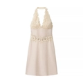 Abito corto beige senza maniche con scollo a V profondo, pizzo e schiena scoperta - XS / Albicocca