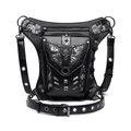 Steampunk black PU leather waist leg bag with skull patterns and metal chain rivets - Black