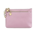 Pink pebbled leather coin purse with heart charm, gold zipper and keychain detail - Lavender