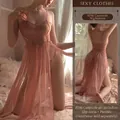Sexy oudroze kanten lingerieset met transparant nachtkastje en bijpassend slipje - One Size S-XL / Abrikoos Nachthemd + T-Back
