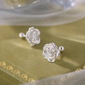 Elegant silver rose flower stud earrings presented on a green velvet vintage box - 3D Rose Flower Style (A64)