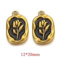 Oval vintage gold-framed rose pendant with black enamel relief for DIY jewelry, 12x20mm - Tulip / Black