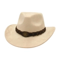 Classic beige suede western cowboy hat featuring a brown band and star metal buckle decoration - One Size / Beige (Round Star)