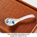 Ceramic soup spoon with blue koi fish pattern and yellow rim, 16cm long Japanese style - Blue White Fish-Yellow Line