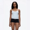 Slim fit light blue U-neck tank top for women shown on model with black shorts - XS / Baby Blue