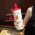 Cute cream stainless steel insulated bottle with red lid and cartoon bear patterns - 700ml / Red