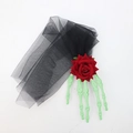 Halloween skeleton hand hairclip with red rose and black mesh veil for gothic party - Green Skeleton Hand - Veil Style