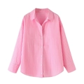 Women's pink and white vertical striped long sleeve button-up poplin shirt with lapel collar - XS / Bright Pink Striped