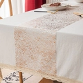 Beige table runner with metallic rose gold pattern and delicate lace edges on wooden table - Rose Gold