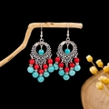 Bohemian silver drop earrings with red and turquoise beads in a tiered tassel style - Antique Silver + Red Blue (E5774-24)