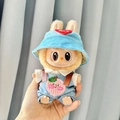 Labubu plush doll wearing a blue hat and denim overalls with pink peach embroidery - Two-piece Set Of Pink Peach-colored Wool Overalls + Blue Heart-shaped Hat / First And Second Generation Keychains Are Compatible With La Cloth Dolls. Dolls Not Included.