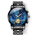 Men's OLEVS business watch with black steel band, blue moon phase dial and roman numerals - Black Strap Blue Dial