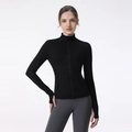 Slim fit black running jacket for women featuring a high collar and thumbhole sleeves - S / Black