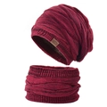 Burgundy knit beanie and neck warmer set with warm fleece lining and sport leather tag - Burgundy