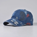 Macro detail of dark blue denim baseball cap with floral and butterfly print pattern - Adjustable / Chinese Style Floral 6