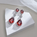 Elegant silver stainless steel drop earrings featuring teardrop red gemstones and zircon - Garnet Red