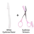 White folding eyebrow razor and pink scissors set with comb in portable packaging - White Trimmer + Eyebrow Scissors