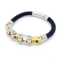 Men's woven black leather bracelet featuring gold and silver bicycle chain details - Polished Gold and Silver