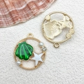 Golden sea shell and starfish pendant with green enamel and faux pearl inlay - 25x27mm Large Shell / Green