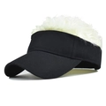 Detail of a black sun visor hat featuring unique fluffy white synthetic hair attachment - Head Circumference 55-60cm / Black Hat with Beige Wig