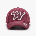 Distressed dark wine red baseball cap with white embroidered letter W and soft cotton crown - Wine Red (24A226)