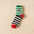 Green and white striped Christmas coral fleece sock with red embroidered ornament - One Size / Embroidered Bell