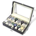 Black faux leather watch storage box with 12 slots and transparent window display - 12-Slot Watch Box