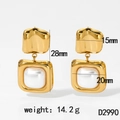 Detail view of 316 stainless steel square drop earrings with pearls and dimensions - Gold (D2990)