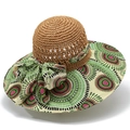 Detail of hand-woven straw hat texture with a vibrant bohemian floral silk ribbon bow - M (56-58cm) / Khaki (Large Flower)