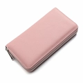 Pink genuine leather long zip wallet with litchi grain texture and silver zipper - 20x2.5x10cm / Pink