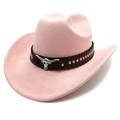 Cappello da cowboy rosa in pelle scamosciata con testa di toro argentata su cinturino - Rosa Chiaro / M (56-58cm)