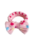 Pink coral fleece headband with colorful polka dots and large decorative bow knot - Rainbow Polka Dot